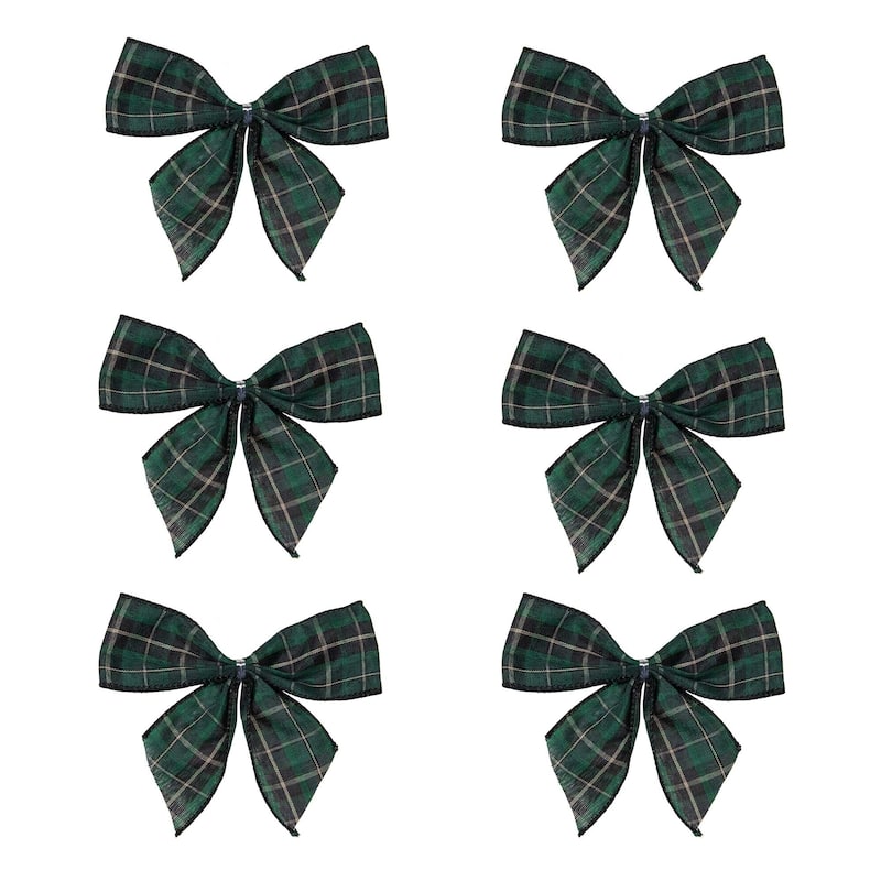 2-Loop Christmas Bow Decorations - 5.5" - Green and Black - Pack of 6