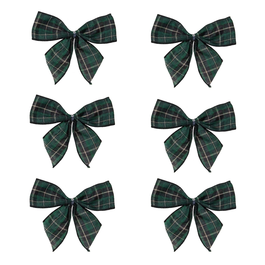 2-Loop Christmas Bow Decorations - 5.5" - Green and Black - Pack of 6