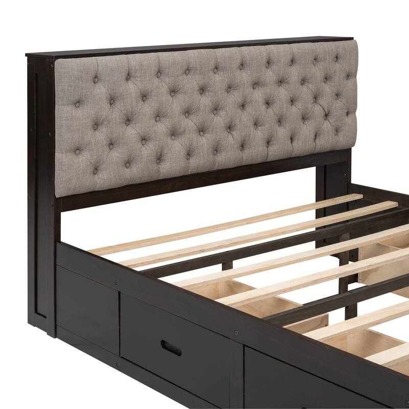 Espresso Queen Size Wood Platform Bed with Storage Headboard, Shoe Rack and 4 Drawers