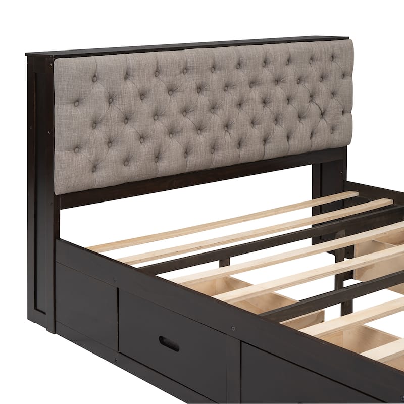 Wood Queen Size Platform Bed with Storage Headboard & shoe rack and 4 drawers