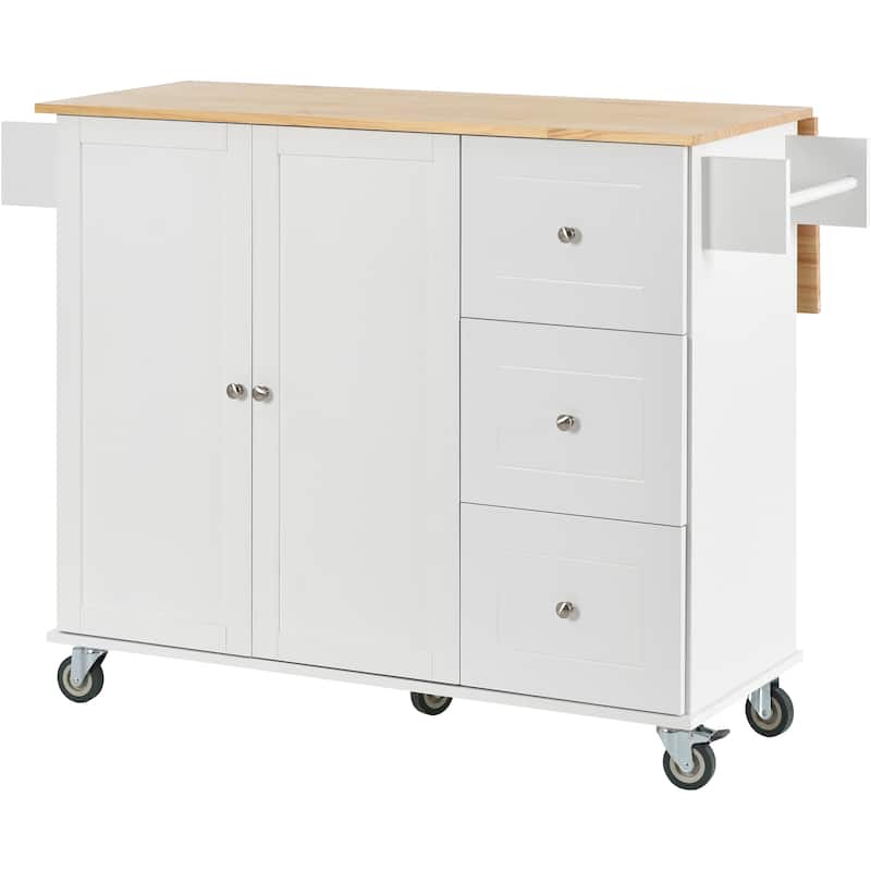 Rolling Kitchen Island with Solid Wood Top, Storage Cabinet and Drop Leaf Bar w/Spice Rack, Towel Rack for Living Room