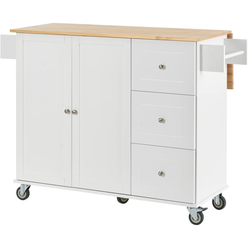 Solid Wood Top Drop Leaf Kitchen Island on Wheels, Rolling Kitchen Cart with Storage Cabinet, Drawers, Spice Rack and Towel Rack