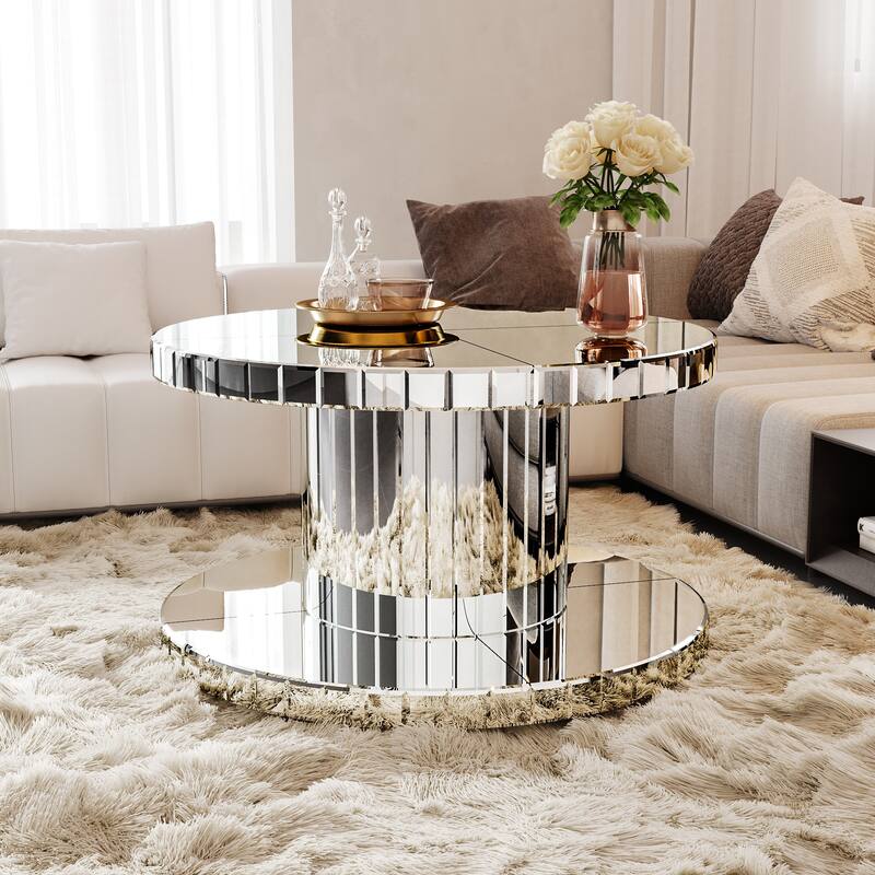 GDF Studio - Bremen Art Deco Round Mirror Coffee Table with Double-Tier Design