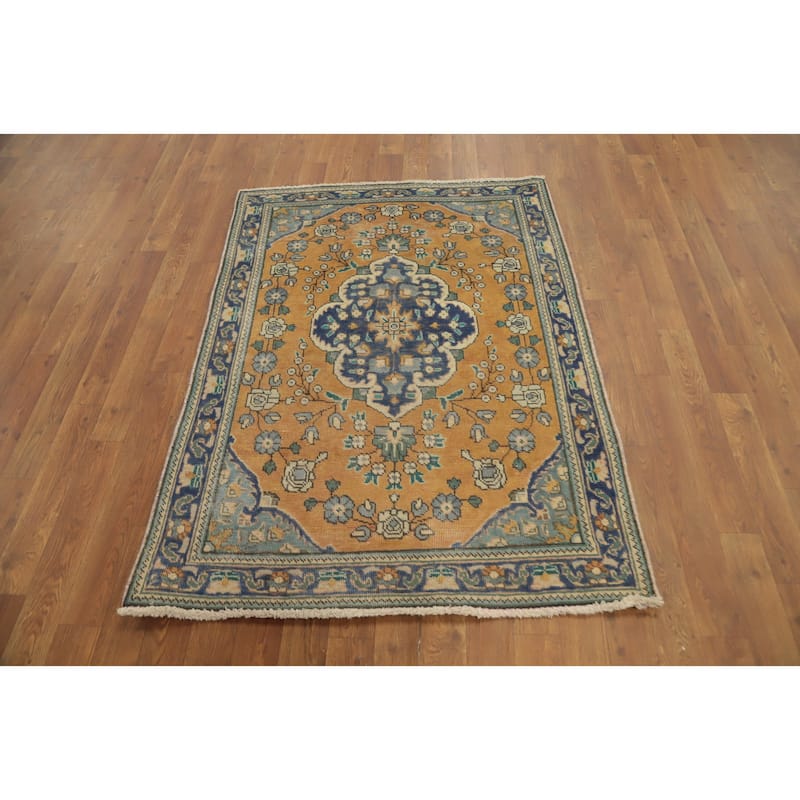 Hand Knotted Oriental 100% Wool Carpet Traditional Floral Oranges & Rust Tabriz Area Rug - 4' 4'' X 3' 3''