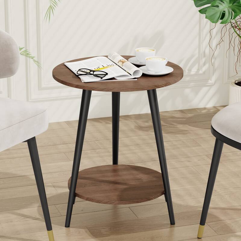 Round End Table Modern White Side Table for Living Room Bedroom Nightstand Accent Table with 2-Tier Faux Marble Wood Top