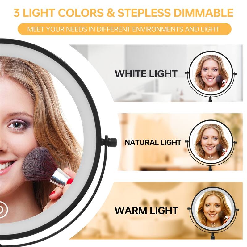 9" Lighted Makeup Double Sided 1X/10 Magnification Mirror, 3 Lighting