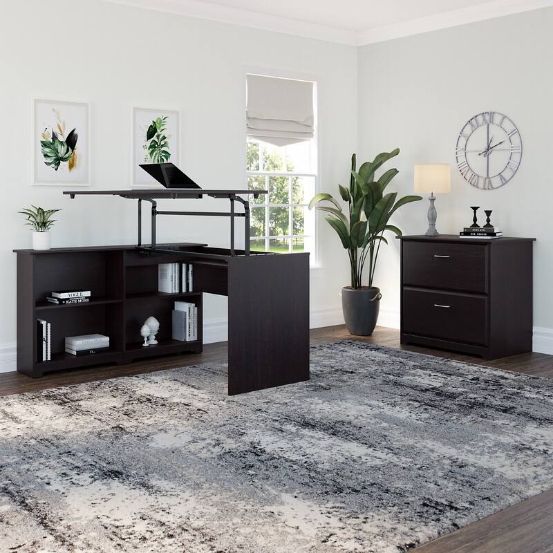 52W 3-position Sit to Stand Corner Bookshelf Desk