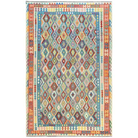 Shahbanu Rugs Colorful Wool Hand Woven Geometric Afghan Kilim Flat Weave Veggie Dyes Reversible Oversized Rug (10'5" x 16'4")