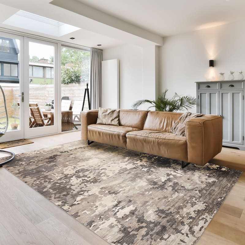 Gertmenian Crystal Print Soft Flat Pile Polyester Slip Resistant Washable Indoor Printed Area Rug Collection - 6' x 9' - Kaori Beige - Rectangle