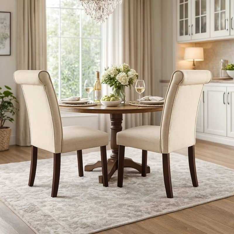 Fabric Upholstered Wooden Side Chair with Button Tufted Back, Beige and Brown