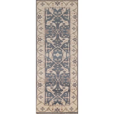 Blue Oushak Style Runner Rug Hand-knotted Wool Carpet - 2'6"x 8'0"