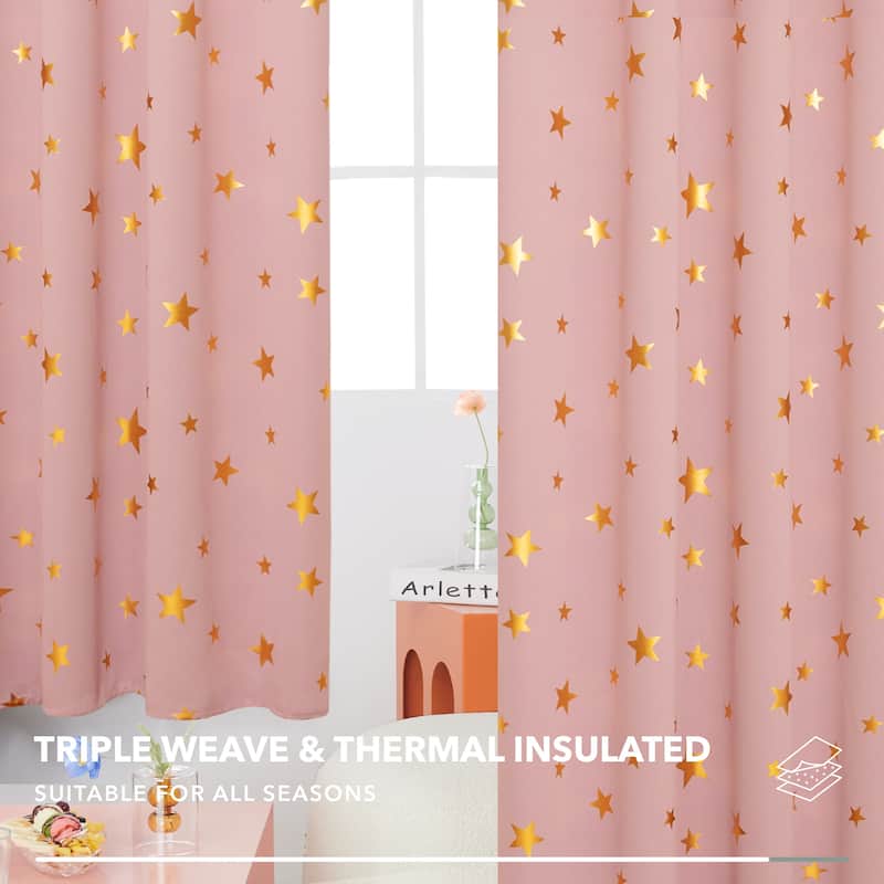 Gold Star Foil Room Darkening Curtains for Kids 2 Panels