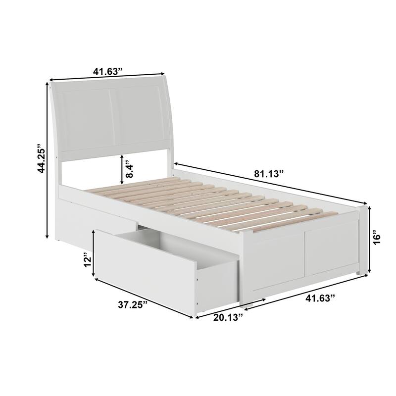 Portland Twin Platform Bed with Footboard and 2 Drawers in White