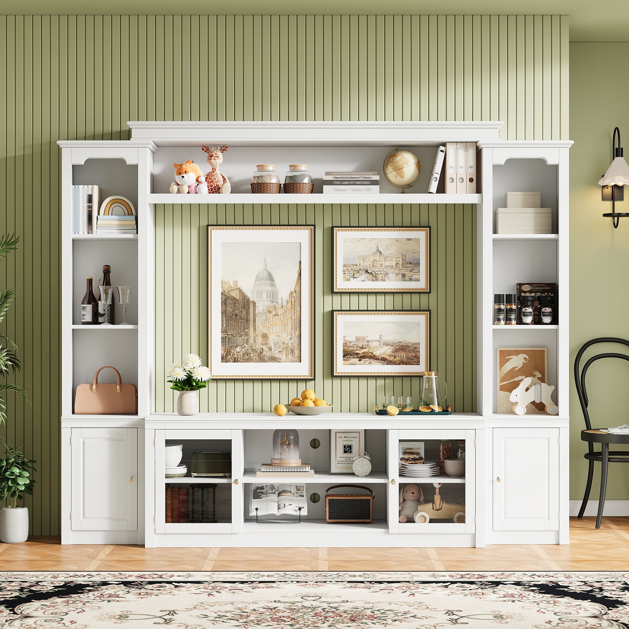 All-in-One Modern 65" TV Stand w/Bookcase, 4 Adjustable Shelves, Tempered Glass Doors, Storage Cabinet