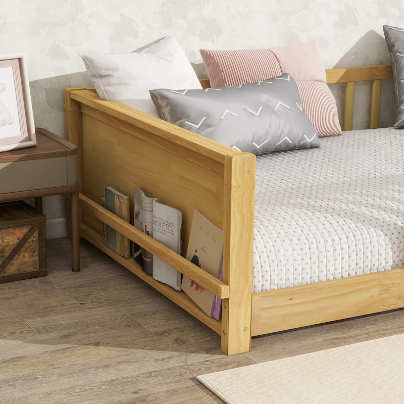 Twin Floor Bed with Built-in Bookcase Rubber Wood Low Profile Platform Bed