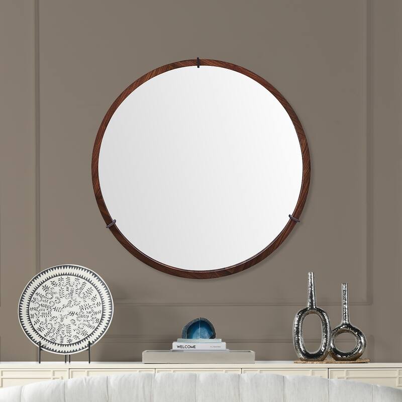Mid-Century Modern Round Accent Mirror - Brown Walnut Wood & Veneer