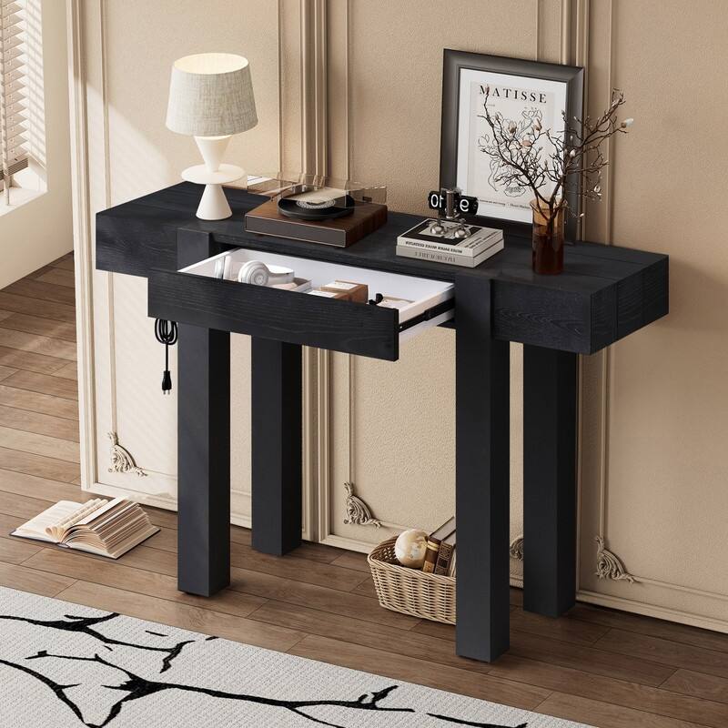 Modern 47.2" Wooden Console Table with Hidden Drawer and Side Power Outlet for Entryway or Living Room