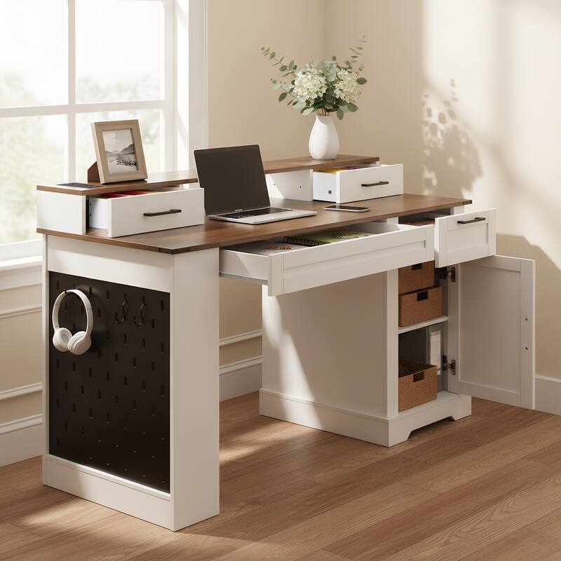 55" Farmhouse Office Desk Workstation with Storage Cabinet, Computer Writing Desk Table with Charging Station, Keyboard Tray