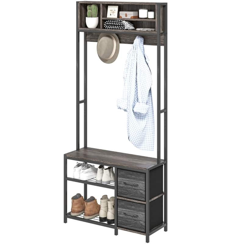 5-in-1 Hall Tree with Bench Coat Hooks and Storage Drawers for Entryway Hallway or Mudroom - 31.5" W x 11.8" D x 70.9" H - Weathered Grey Oak 