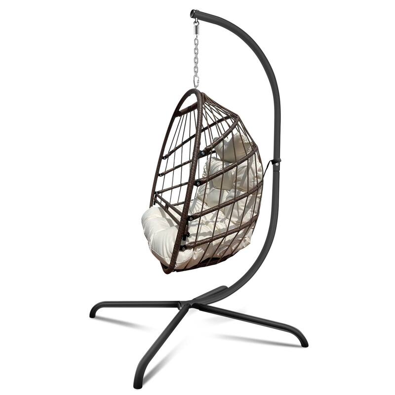 Swing Egg Chair with Cushion and Pillow, Indoor Outdoor Wicker Rattan Patio Basket Hanging Chair with Metal Stand