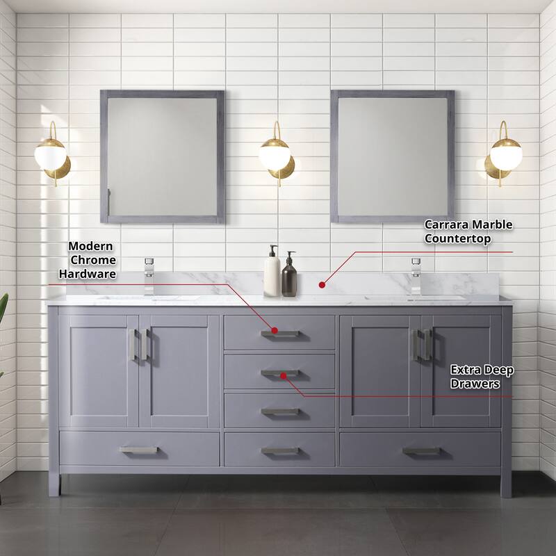 Jacques 80 in. W x 22 in. D Dark Grey Double Bath Vanity, Carrara Marble Top, Faucet Set, and 30 in. Mirrors