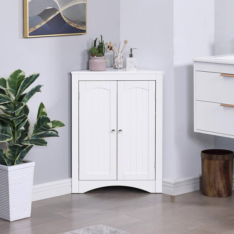 Corner Cabinet with Doors & Shelves: Ideal for Bathroom, Kitchen, or Living Room. Stylish Free-Standing Storage - White