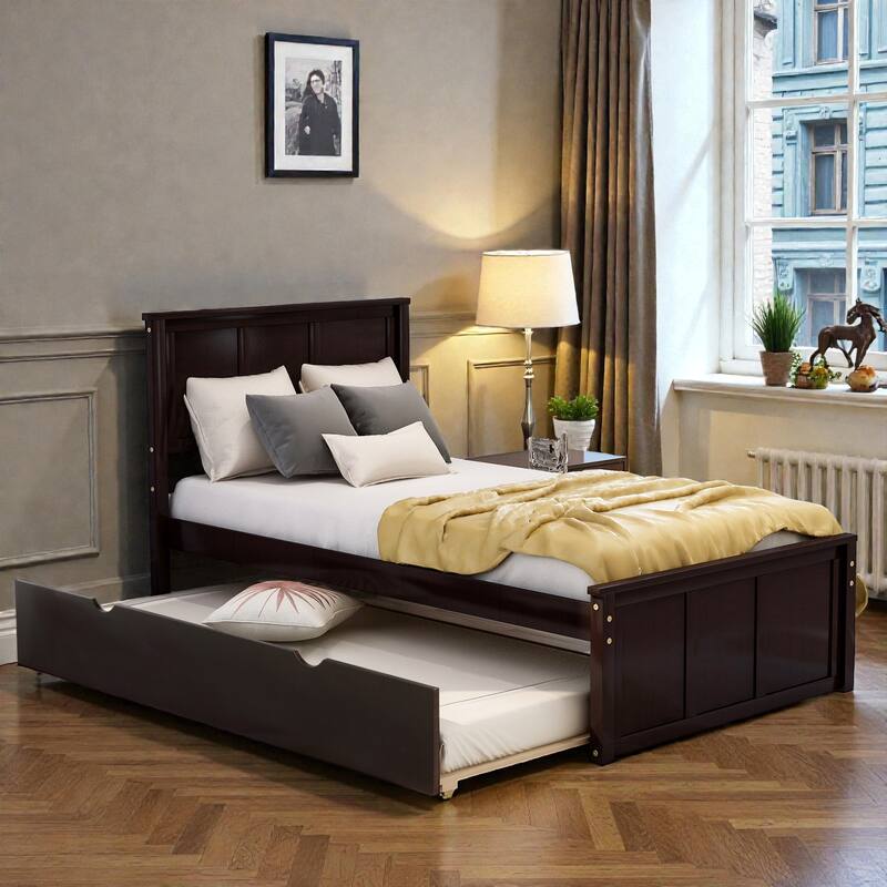Twin Size Platform Bed with Trundle, Solid Wood Frame, Space-Saving Design, Pine & MDF Construction, No Box Spring Needed - Espresso - Twin