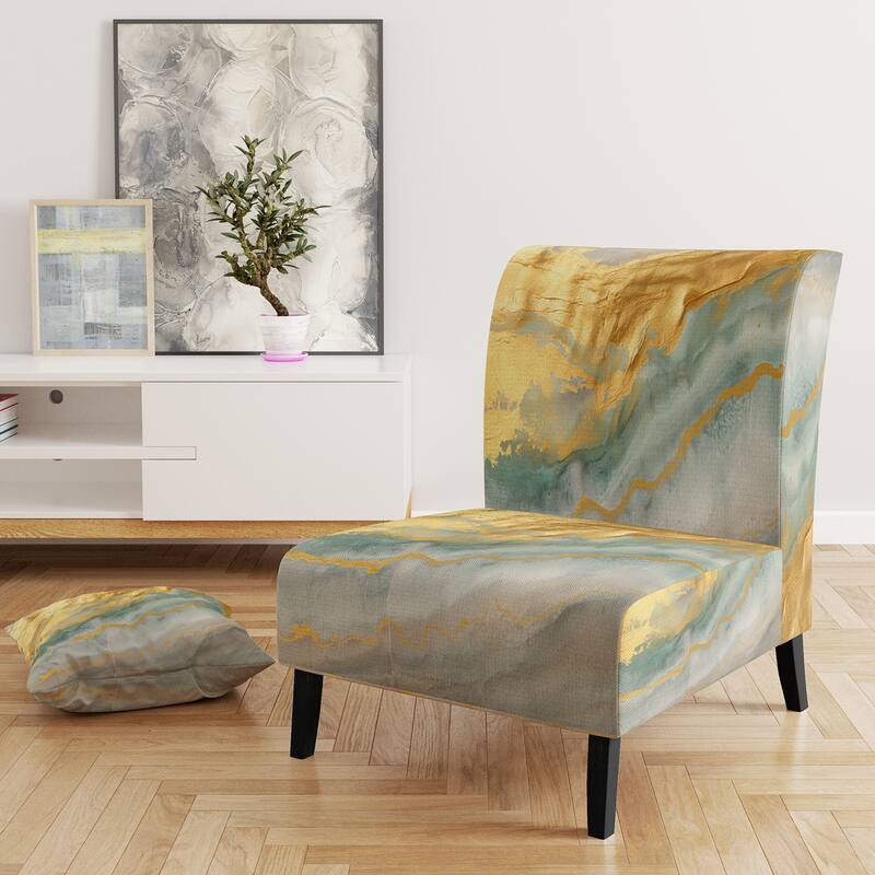Designart "Coast Blue Sea Waves Watercolour" Upholstered Abstract Accent Chair - Modern Arm Chair For Bedroom - Slipper Chair - Gold