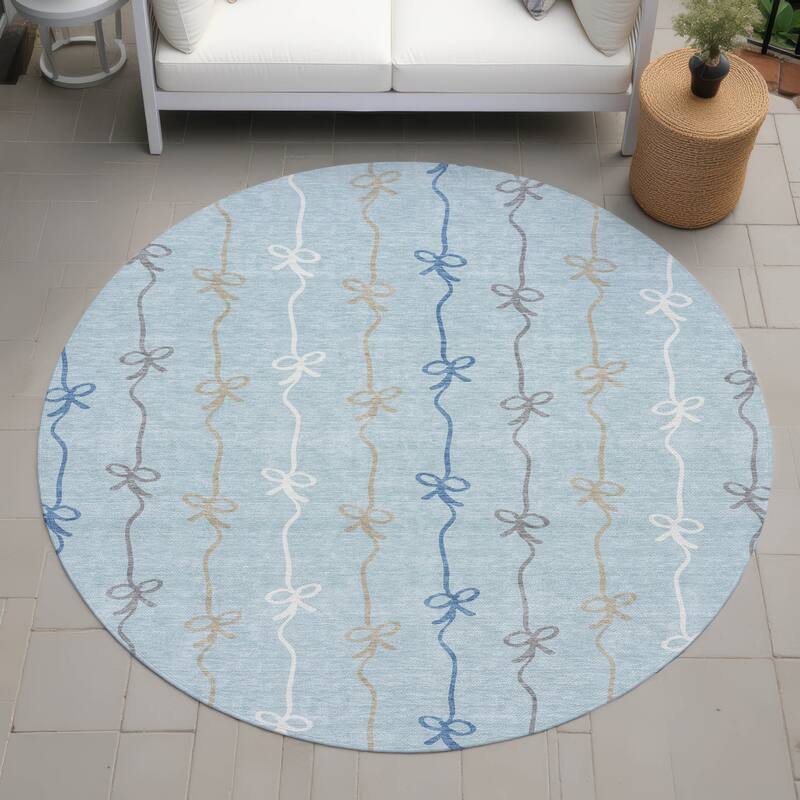 Machine Washable Indoor/ Outdoor Modern Bow Stripe Chantille Rug - Sky - 8' x 8'