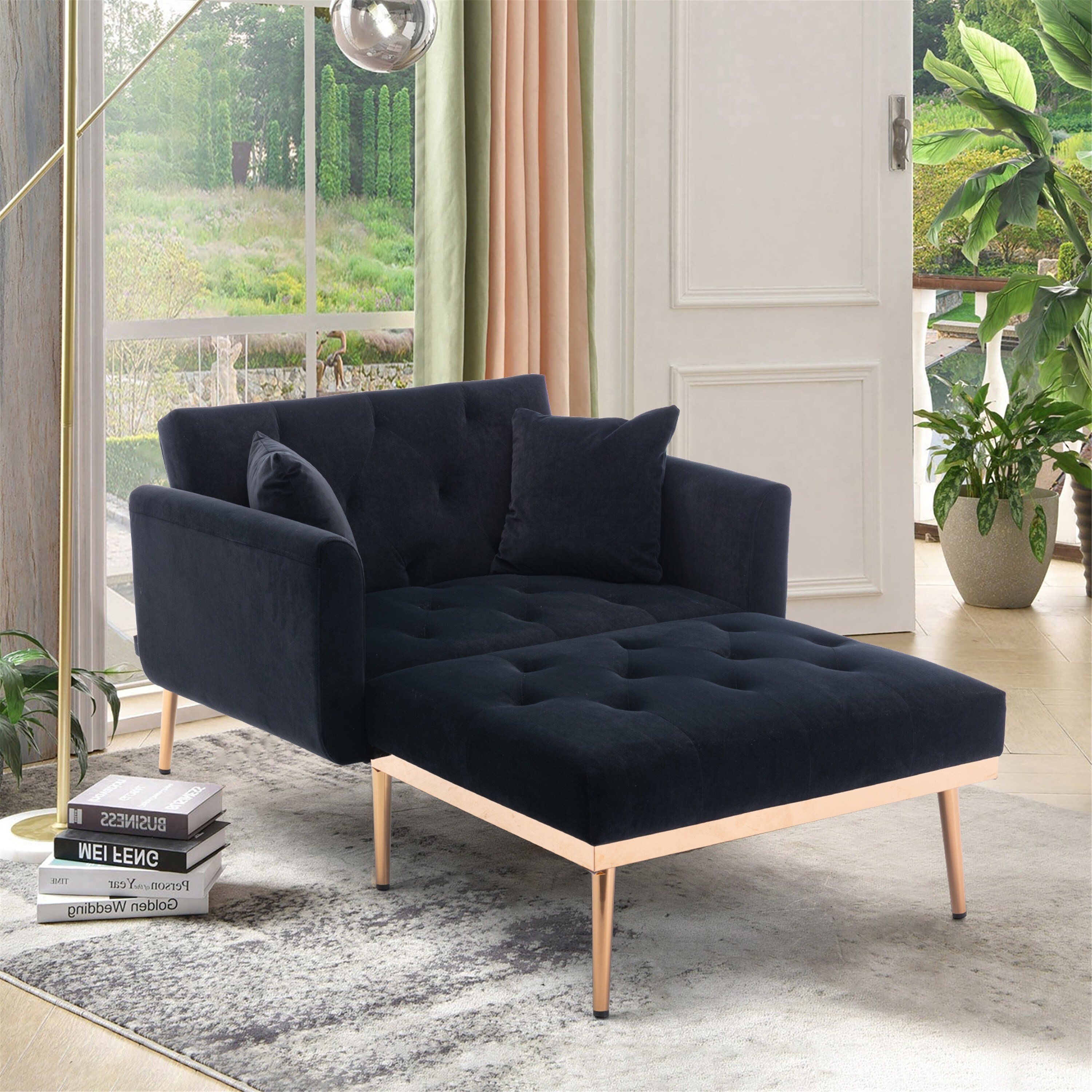 Velvet Tufted Convertible Sleeper Chaise Lounge Chair