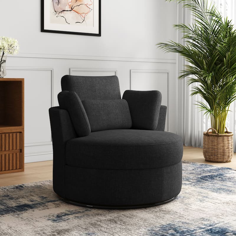 Upholstered Barrel Swivel Accent Chairs - 1-Piece - Black Chenille