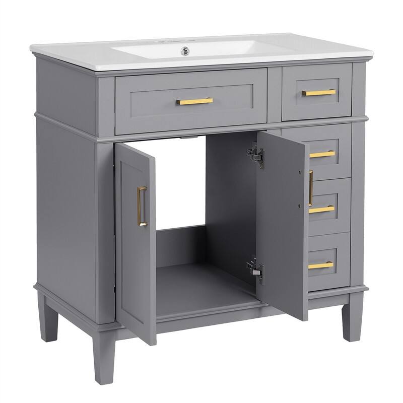 36" Bathroom Vanity with Ceramic Sink, Freestanding Bathroom Vanity Cabinet with 2 Soft Close Doors and 4 Storage Drawers