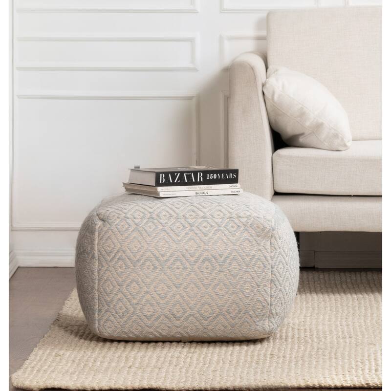 Jani Cherokee 22 x 22 x 16 Square Gray/Black Pouf Ottoman - Handmade Footrest for Living Room, Bedroom - White & Gray