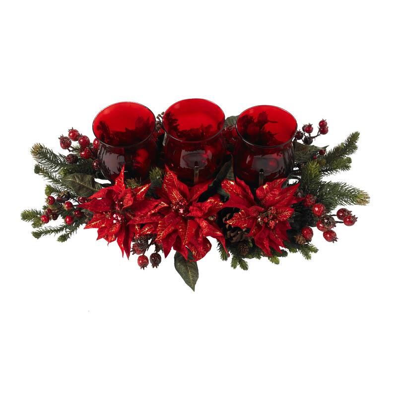 30" Artificial Red Poinsettias Pine Berries Triple Candelabrums