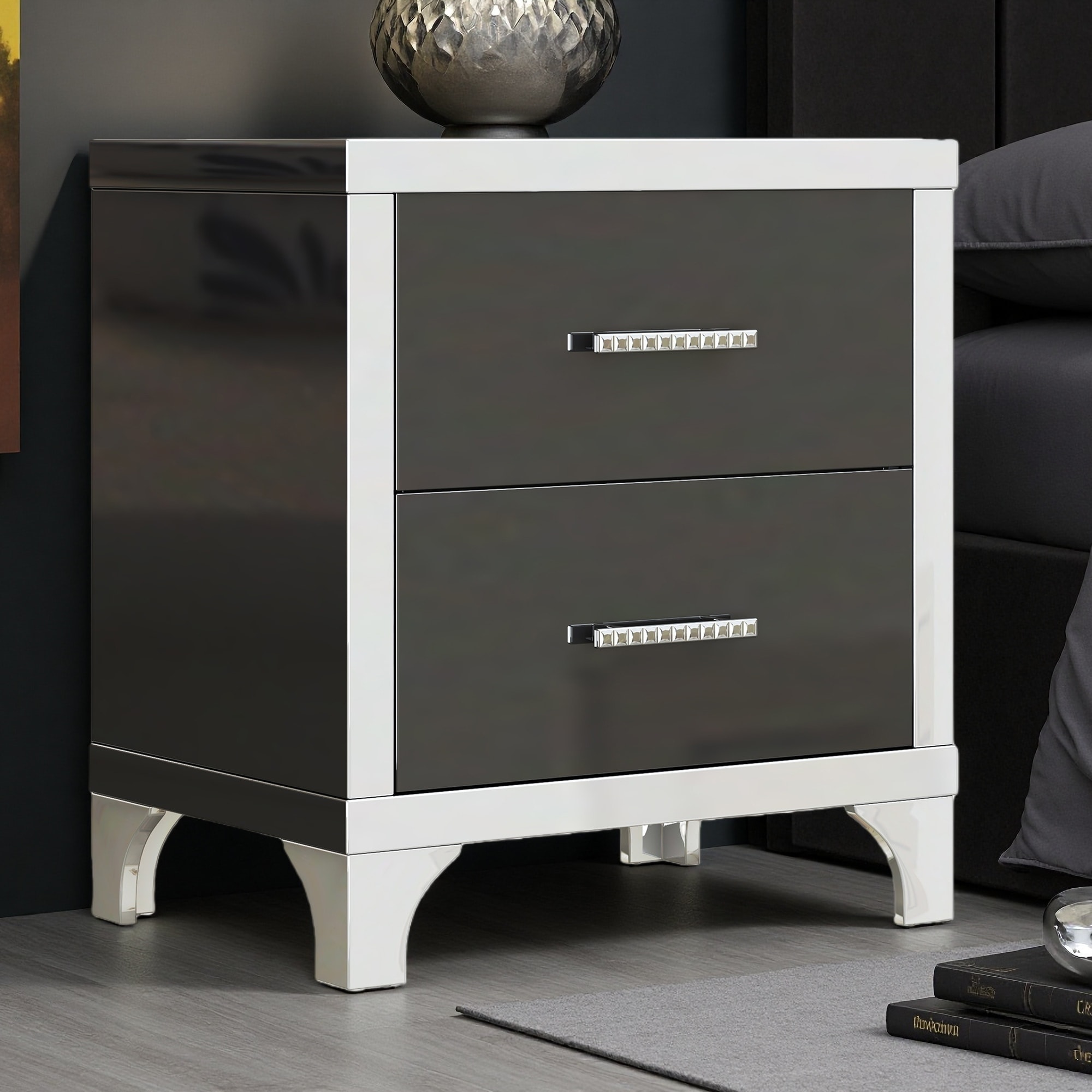 22.4"L High Gloss Nightstand with 2 Drawers, Mirrored MDF Bedside Table with Metal Handles for Bedroom and Living Room