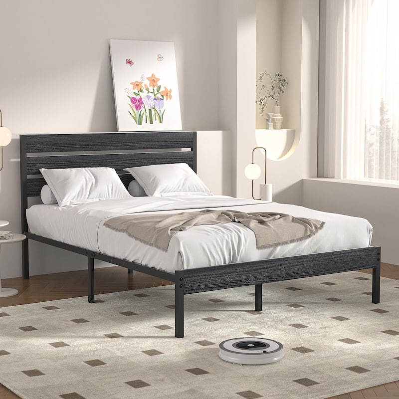 Javlergo Black Bed Frame with Wood Waterproof Scratch-Resistant Headboard Strong Metal Slats Support No Box Spring Needed
