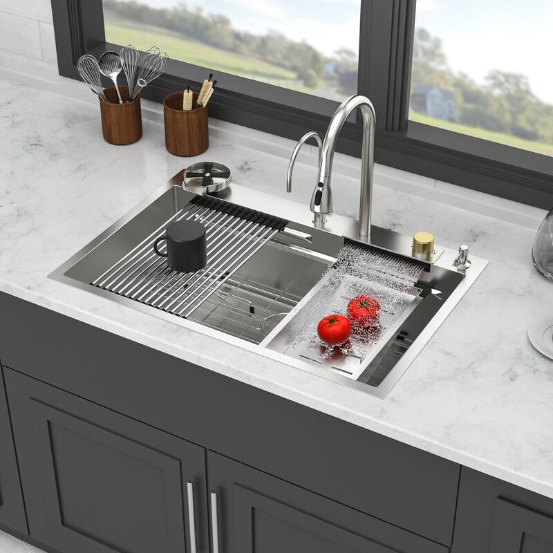 33" Drop in Single Bowl Workstation Kitchen Sink with Pull-Out Faucet and Cup Washer - Brushed Nickel