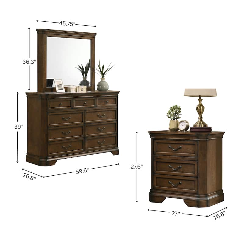 Roundhill Furniture Maderne Traditional Wood Panel Bed with Dresser, Mirror, Nightstand