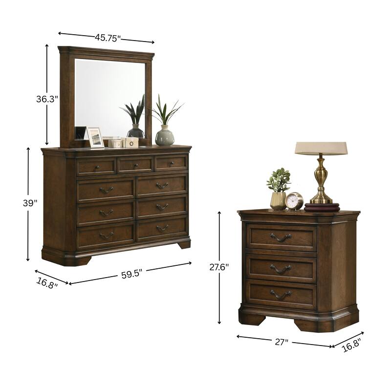 Roundhill Furniture Maderne Traditional Wood Panel Bed with Dresser, Mirror, Two Nightstands