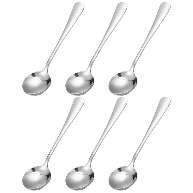 6Pcs 6" Stainless Steel Soup Spoon Tea Spoons Round Dinner Spoons - Silver