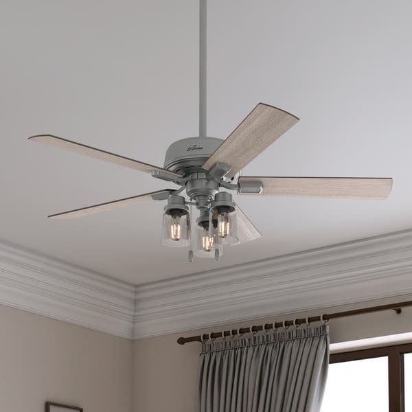 slide 2 of 17, Hunter 52" Hartland Ceiling Fan with 3-Light LED Light and Pull Chains - Farmhouse, Transitional Matte Silver