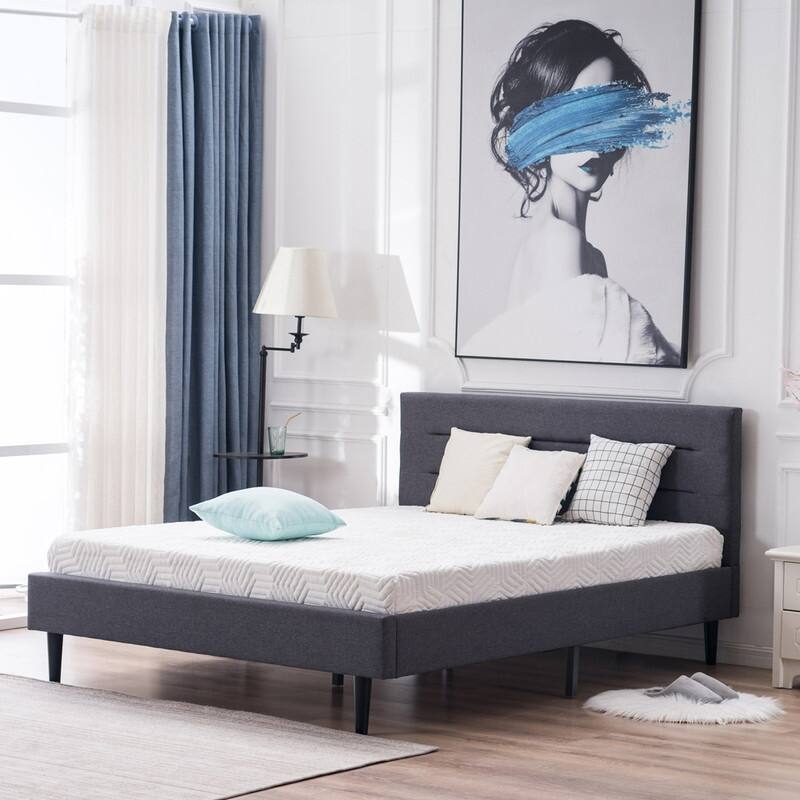 Upholstered Wood Slat Platform Bed Headboard and Metal Frame Full Size