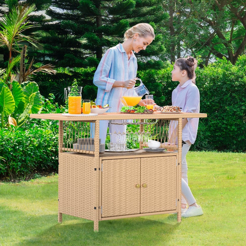Moasis Outdoor Storage Cabinet Patio Wicker Bar Counter Backyard Furniture w/Plastic Wood Tabletop - 50.4"L x20.9"W x 33.9"H