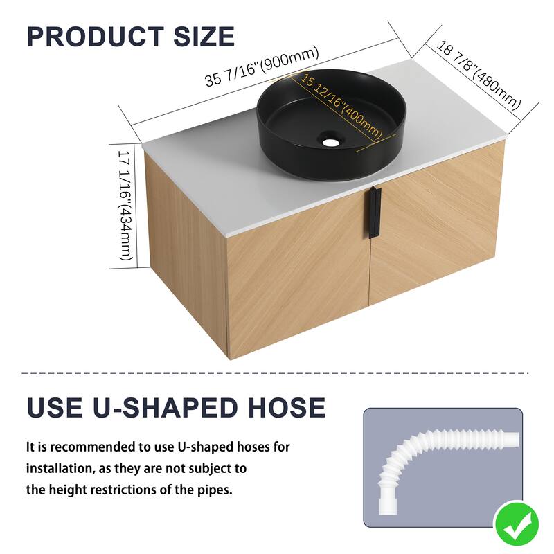 36" Wall-Mounted Bathroom Vanity With Ceramic Art Sink, and Storage Shelves, Soft-Close Door, KD-Packing, Plywood