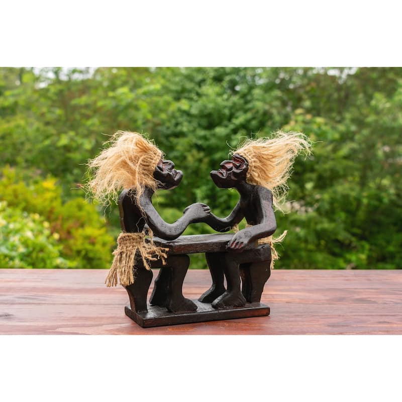 Handmade Wooden Primitive Tribal Funny Statue Two Men Arm Wrestling Sculpture Tiki Bar Handcrafted Gift Art Decor Accent