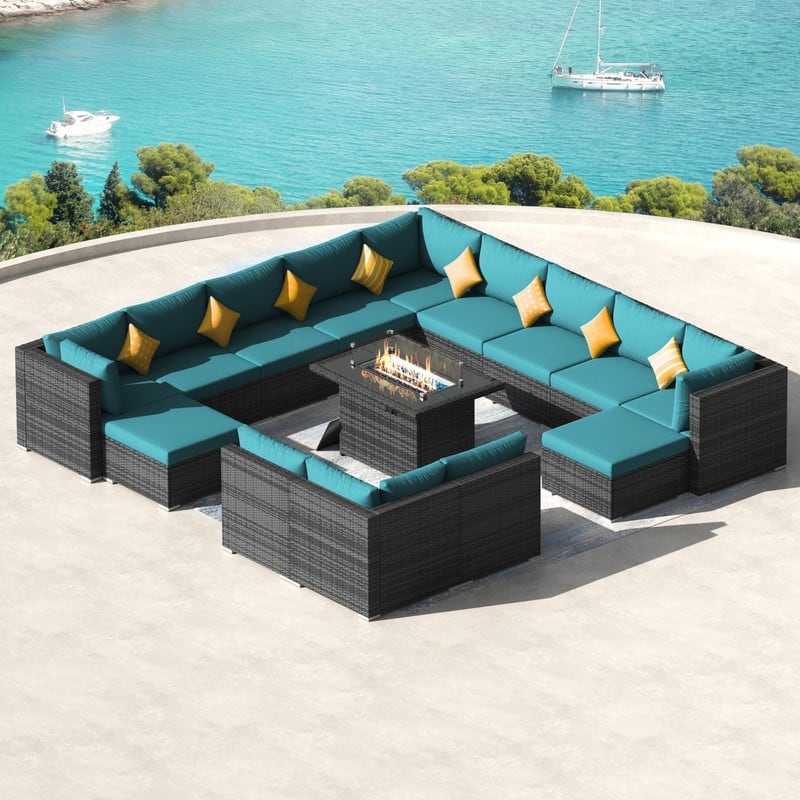 FINCATI 15-Piece Grey Wicker Patio Conversation Sofa Set with Ottomans, 43″ Fire Pit Table