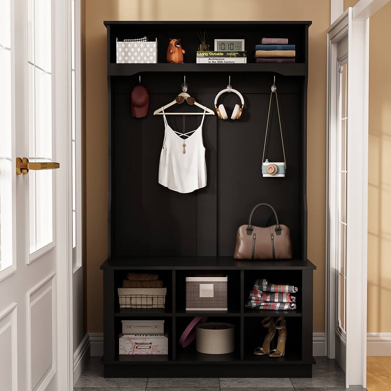 39.8'' Wide Hall Tree with Bench and Shoe Storage Cabinet Entryway - Black