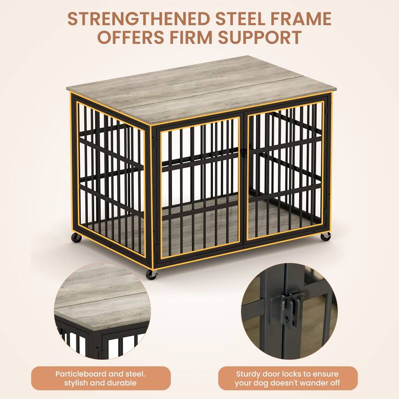 Decorative Pet House, Dog Crate Furniture with Iron Frame Door and wheels