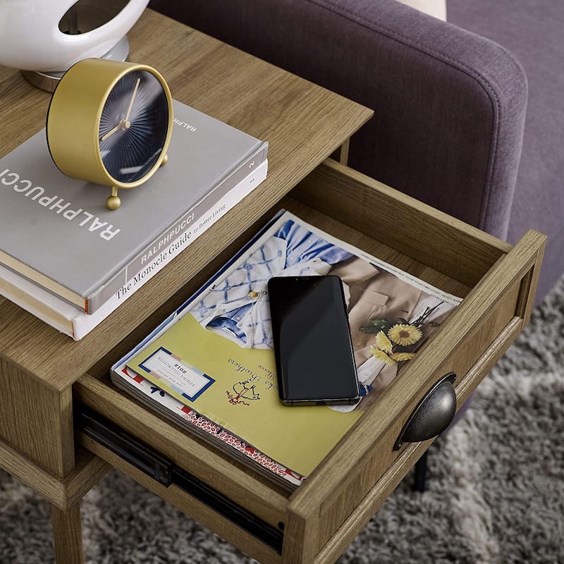 Caffoz Tall Side End Table with Fully Extended Drawer and USB Hub