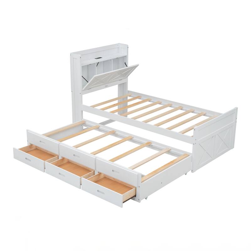 Twin Size Wooden Bed with Storage Headboard with Outlets